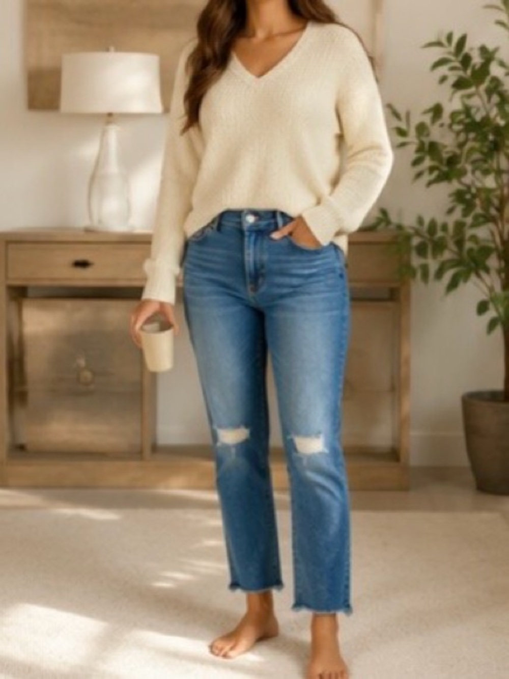 Hudson Blair High Rise Straight Crop Jeans Distressed Blue Size 32 NWT